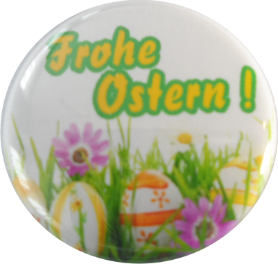 Frohe Ostern Button mit Eiern auf der Wiese